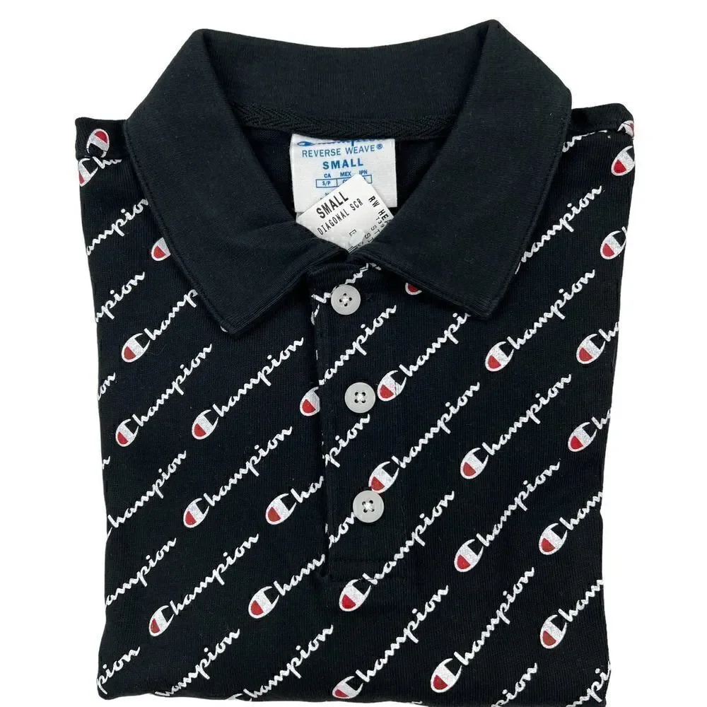 New Champion Men US S Small Black Polo Short Sleeve Logo Pattern 3-Button Jersey - Picture 3 of 10